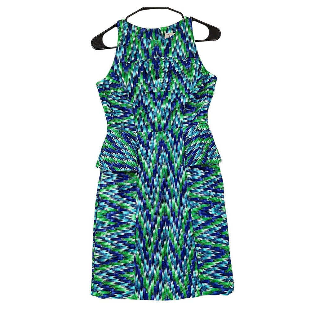 Milly Sheath Dress 2 Blue Green Abstract Peplum‎ Geometric Sleeveless Mini Y3K